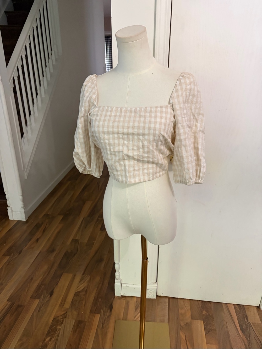H&M Beige Gingham Square-Neck Crop Top, Open Back, Medium, NWT